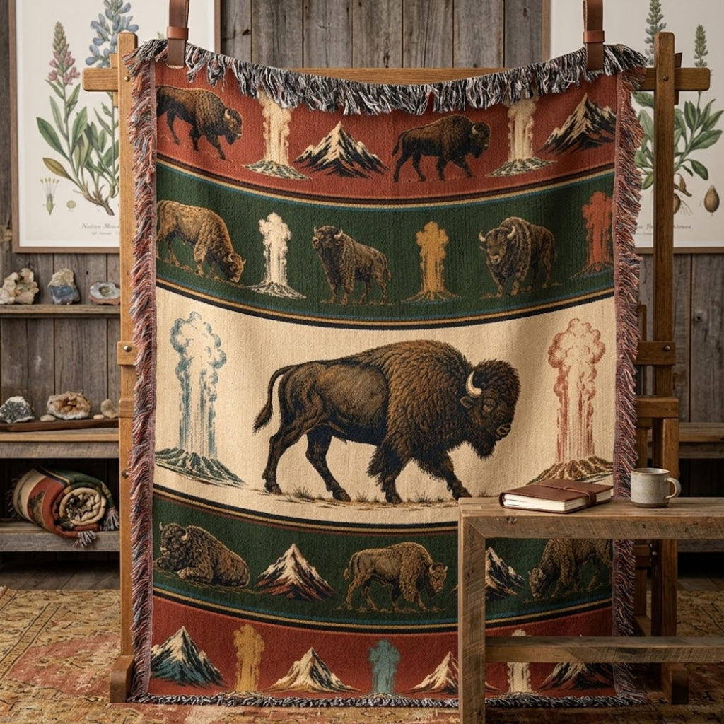 Bison Cotton Woven Throw Blanket in Yellowstone Lamar Valley design hanging flat on a wooden ladder display rack indoors, showing the full five-band bison, geyser, and mountain woven pattern with cotton fringe — Trini Skies