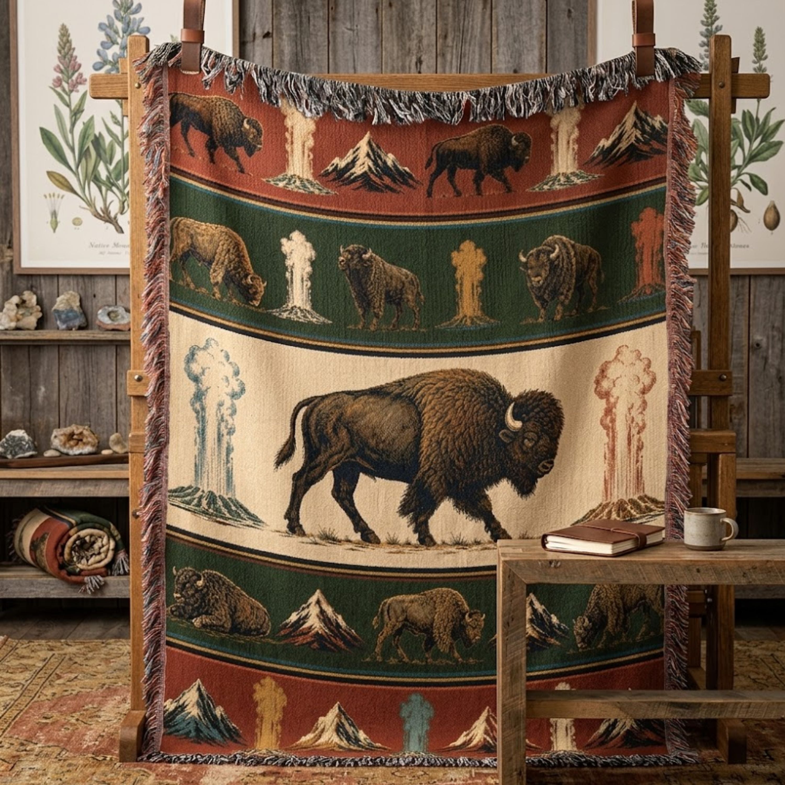 Bison Cotton Woven Throw Blanket in Yellowstone Lamar Valley design hanging flat on a wooden ladder display rack indoors, showing the full five-band bison, geyser, and mountain woven pattern with cotton fringe — Trini Skies