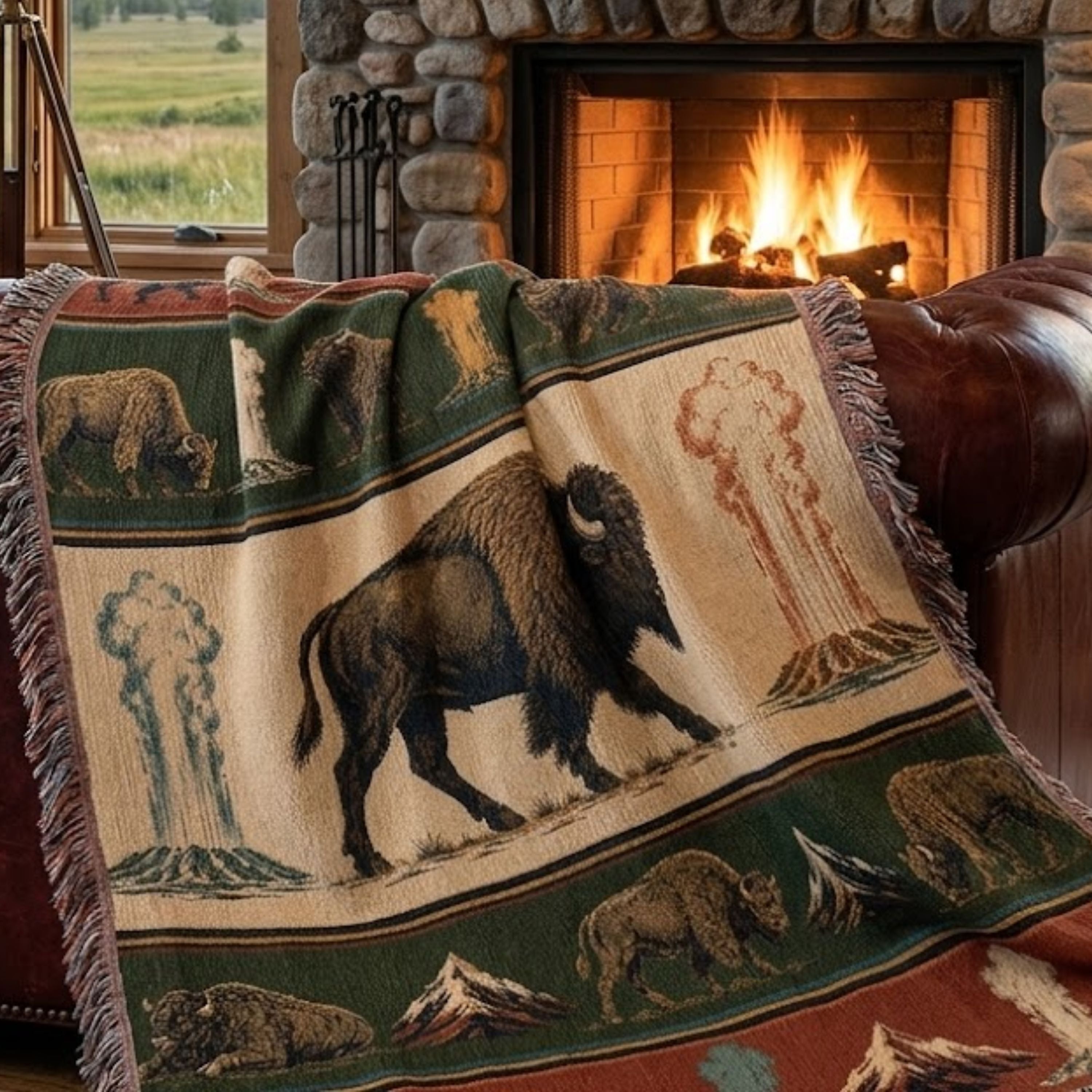 Bison Cotton Woven Throw Blanket in Yellowstone Lamar Valley design draped over a leather armchair beside a glowing stone fireplace, showing the woven bison, geyser, and mountain pattern — Trini Skies