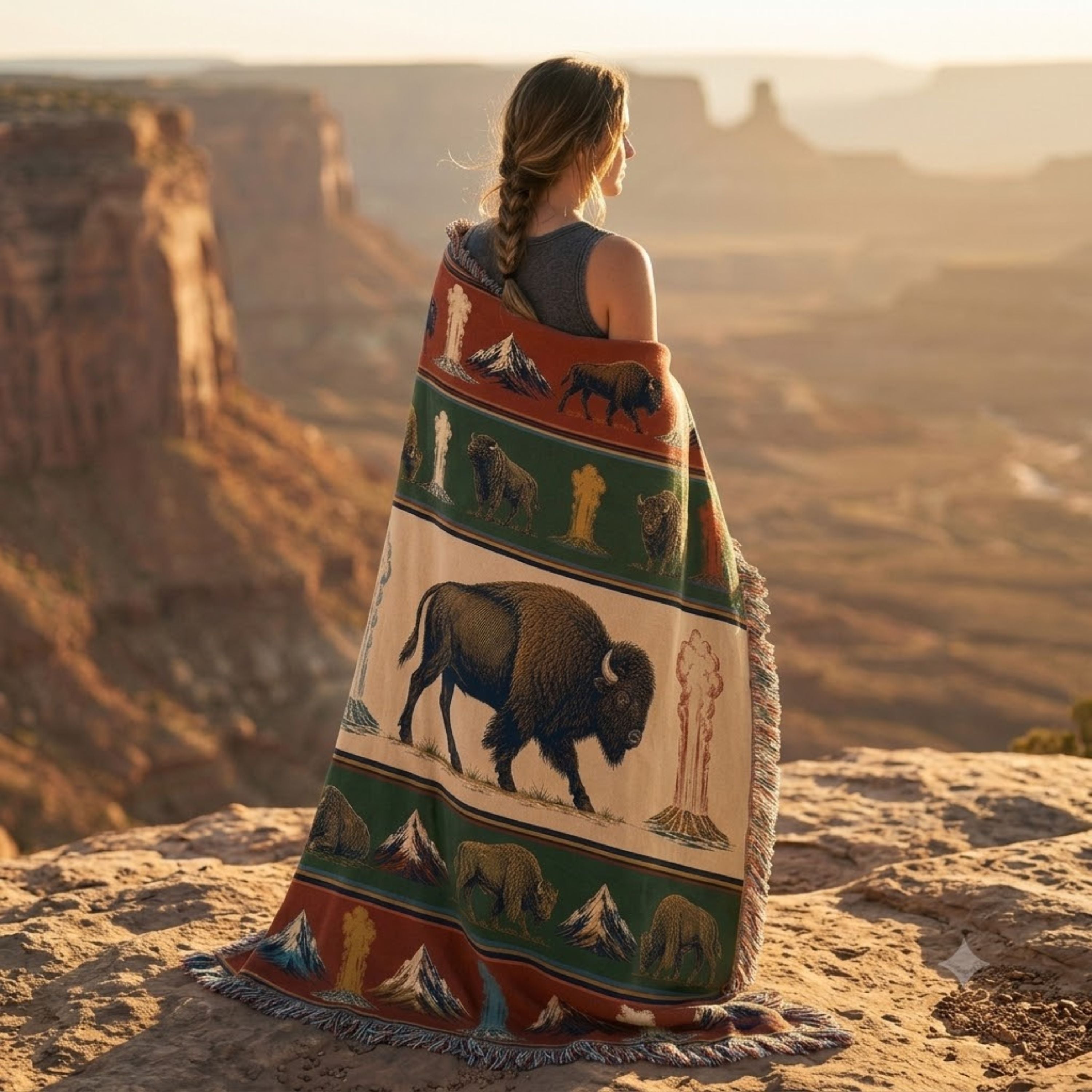 Bison Cotton Woven Throw Blanket in Yellowstone Lamar Valley design worn wrapped around a woman's shoulders overlooking a desert canyon at golden hour, showing rust, hunter green, and ivory bison and geyser pattern with cotton fringe — Trini Skies