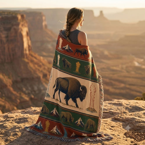 Bison Cotton Woven Throw Blanket in Yellowstone Lamar Valley design worn wrapped around a woman's shoulders overlooking a desert canyon at golden hour, showing rust, hunter green, and ivory bison and geyser pattern with cotton fringe — Trini Skies