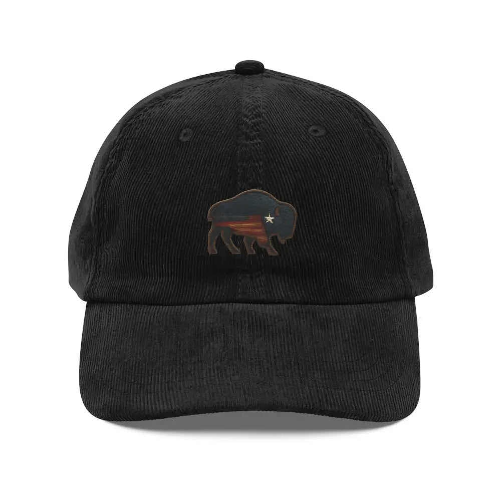 Embroidered corduroy hat with flagship bison design stitched on black baseball cap