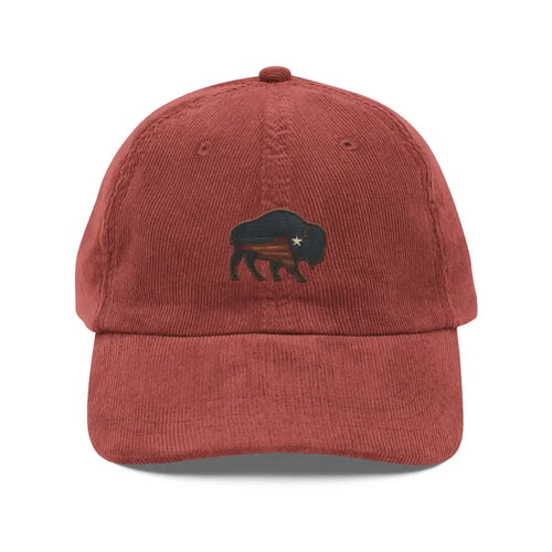 Red embroidered corduroy hat with flagship bison design stitched