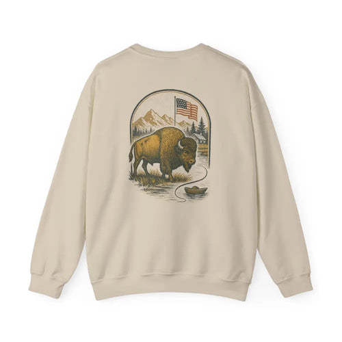 Bison Lodge Crewneck sweatshirt with bison flag graphic on back