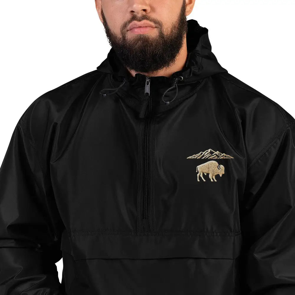 Black men’s Bison Mountain embroidered waterproof jacket for national park camping