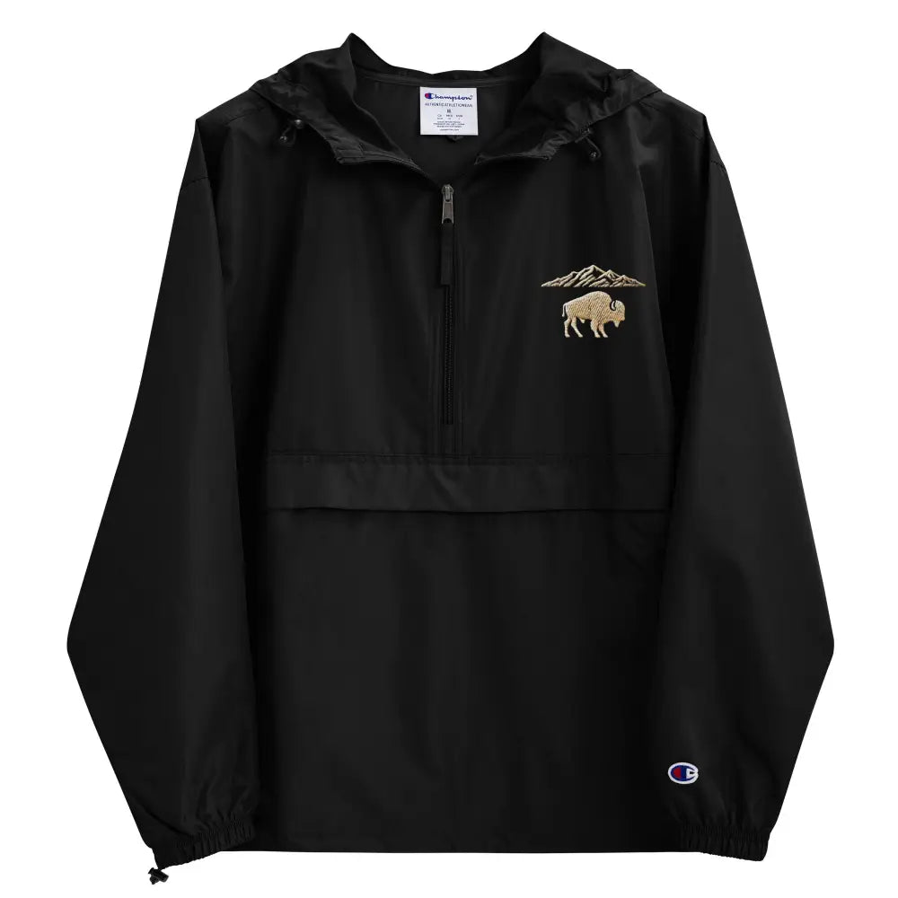 Black hooded waterproof rain jacket with embroidered bison mountain design for national park camping