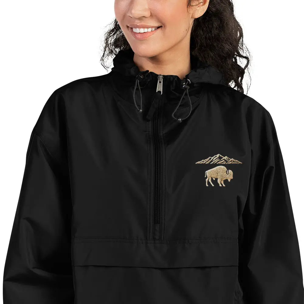 Black anorak with embroidered bison and mountains for national park camping