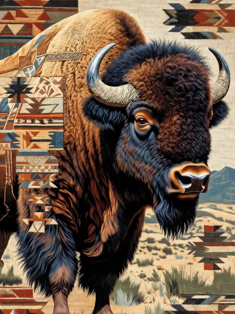 Detailed bison illustration on western-inspired art textile woven blanket with fringe