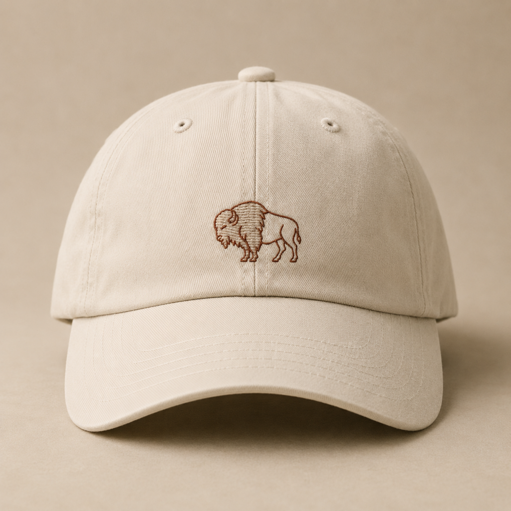 Close detail of split-fill bison embroidery on oyster organic cotton — front half textured fill, back half outline, rust and cream thread on Heritage Bison Hat by Trini Skies