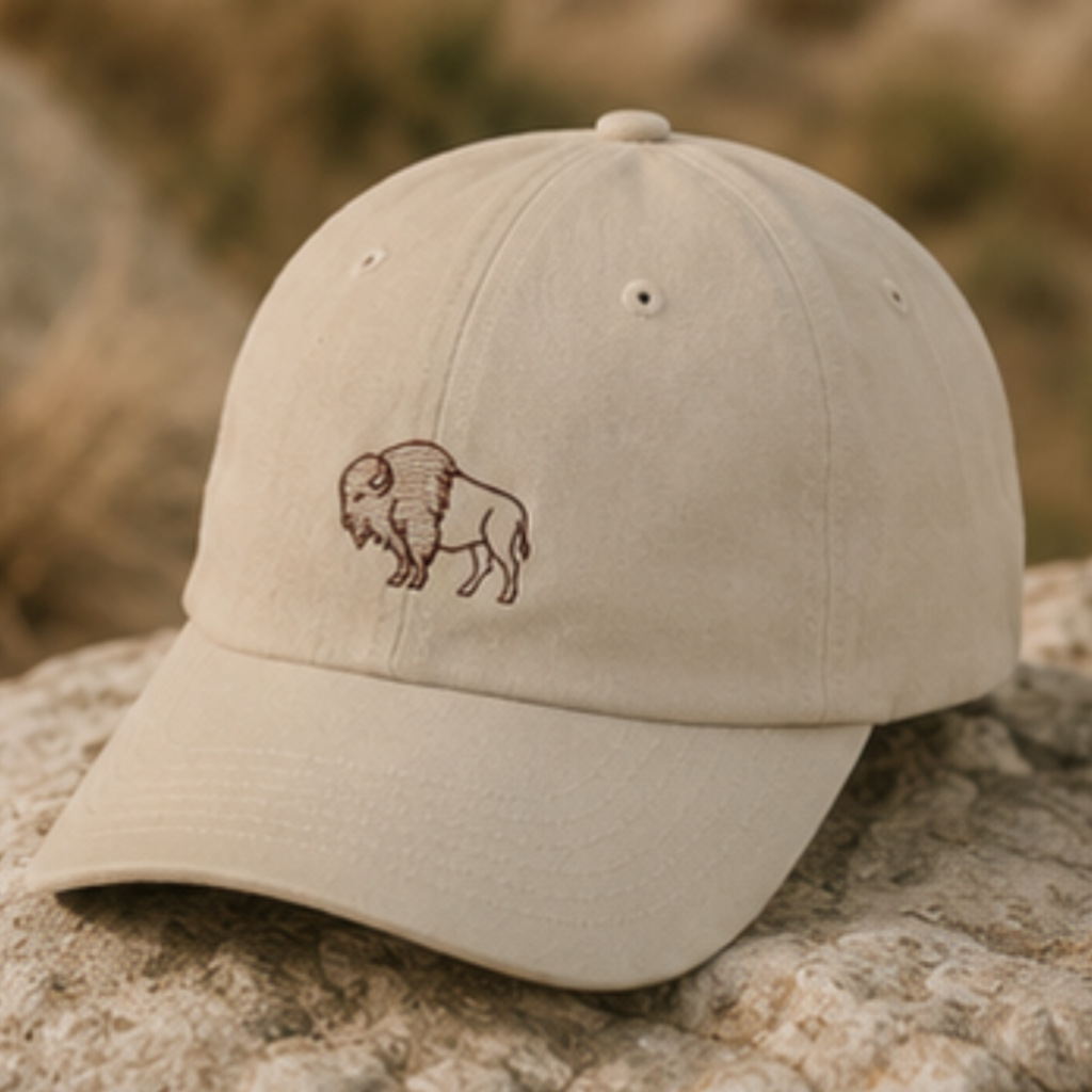 Woman seated on rocky coastal overlook at sunset wearing Heritage Bison organic cotton hat — Trini Skies outdoor lifestyle cap