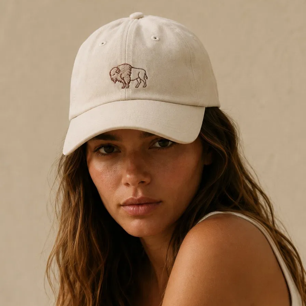 Woman wearing Heritage Bison organic cotton hat with direct eye contact, ribbed tank top, warm neutral background — Trini Skies embroidered wildlife cap