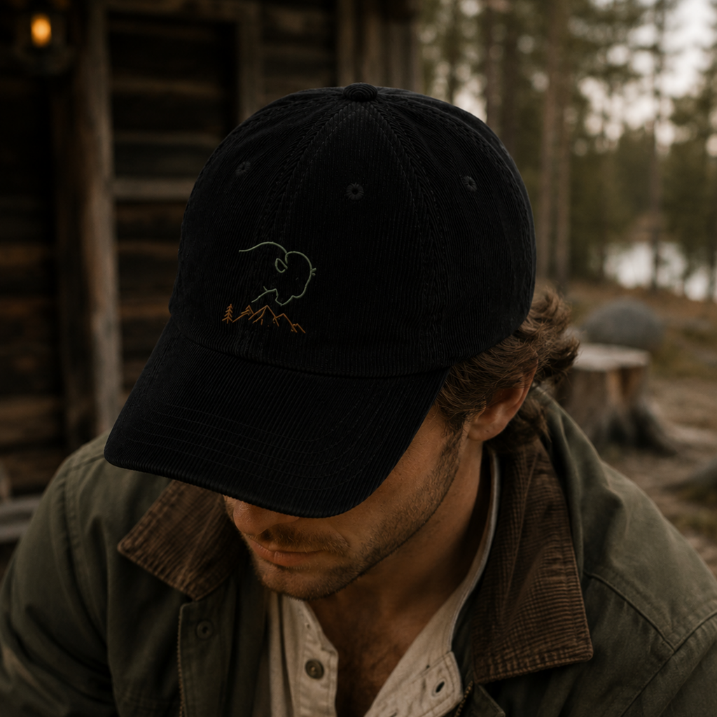Man wearing black corduroy bison and mountain embroidered hat outdoors in lodge setting — Trini Skies heritage outdoor cap