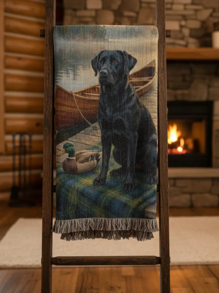 Black labrador retriever heritage blanket pet with canoe, duck on rustic ladder