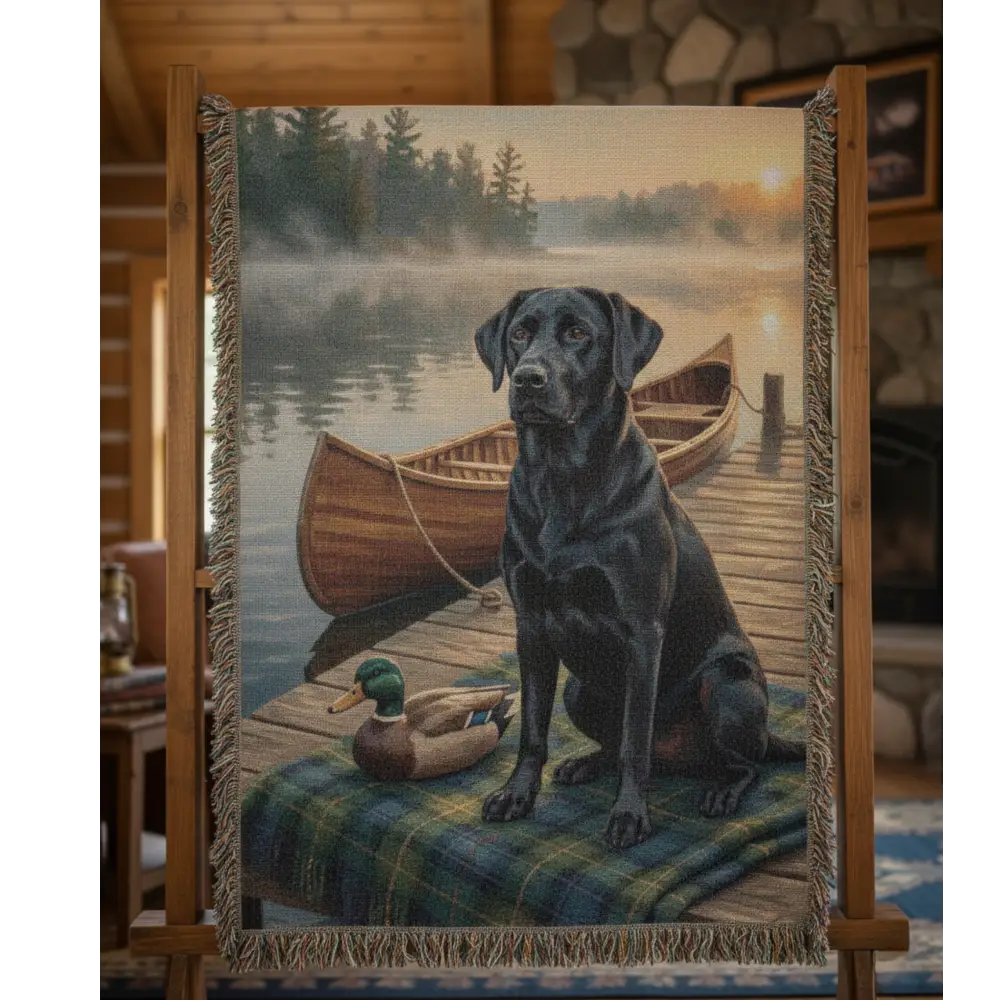 Black lab tapestry with canoe, duck on dock, heritage blanket pet lovers gift