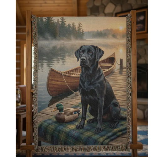 Black lab tapestry with canoe, duck on dock, heritage blanket pet lovers gift