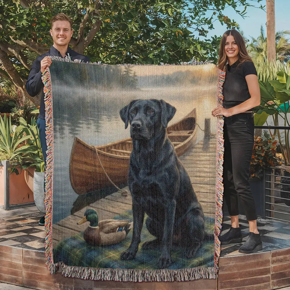 Black labrador tapestry with canoe duck scene on heritage blanket pet