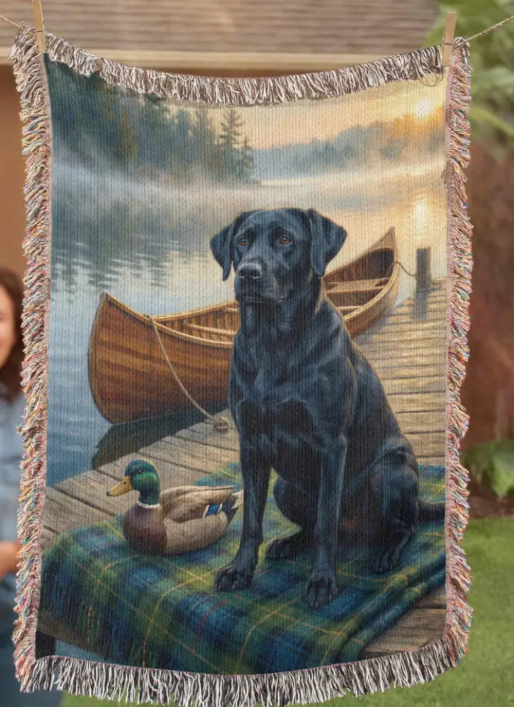 Black labrador retriever heritage blanket pet with canoe and duck scene