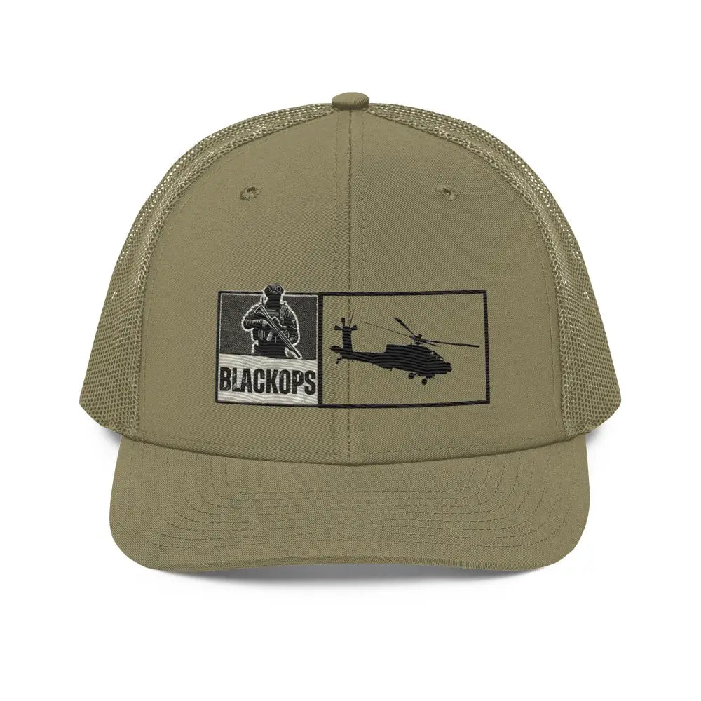 Olive green tactical hat with black ops helo embroidered patch