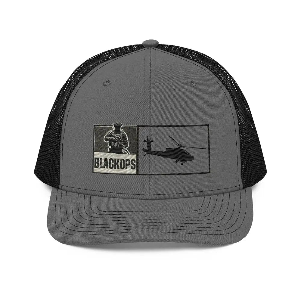 Gray and black mesh-back Black Ops Helo tactical hat with embroidered patches