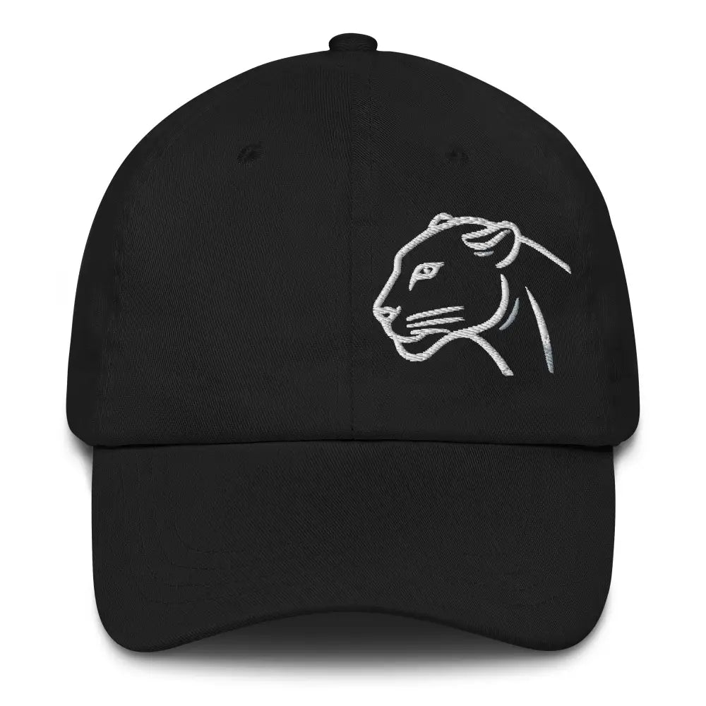 Black baseball cap with white panther embroidery in chino cotton twill