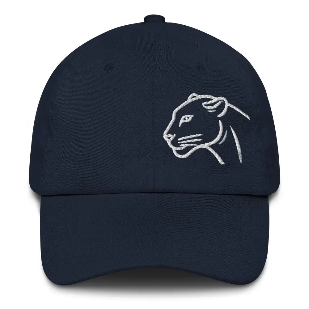 Navy blue chino cotton twill dad cap with embroidered white panther head