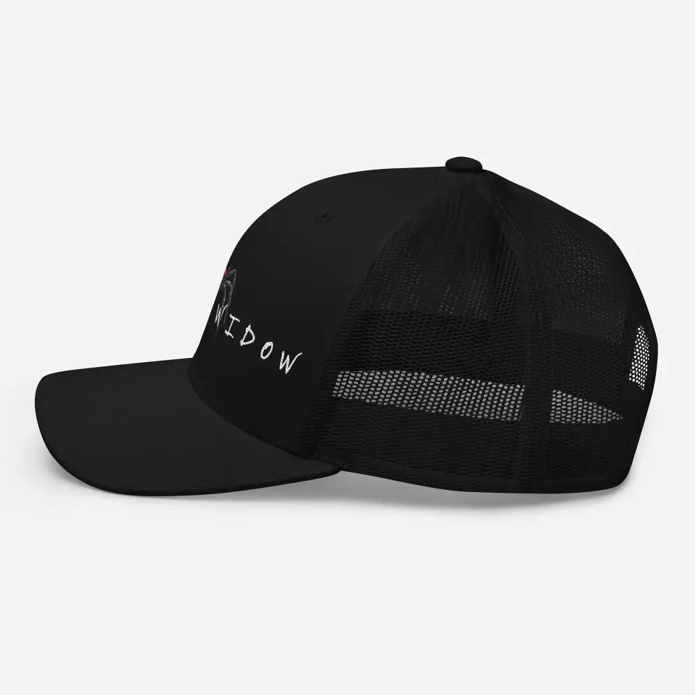 Black widow embroidered trucker hat spider design