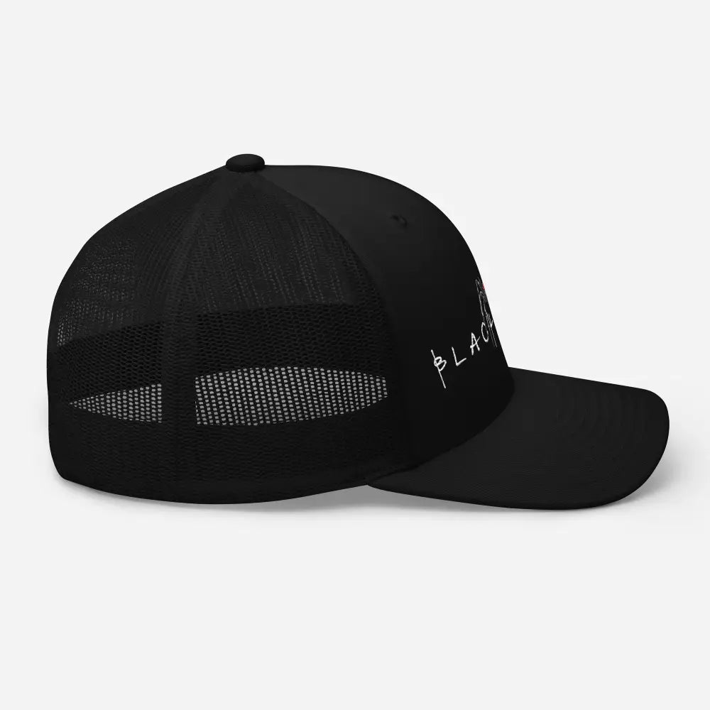 Black widow embroidered trucker hat with spider design