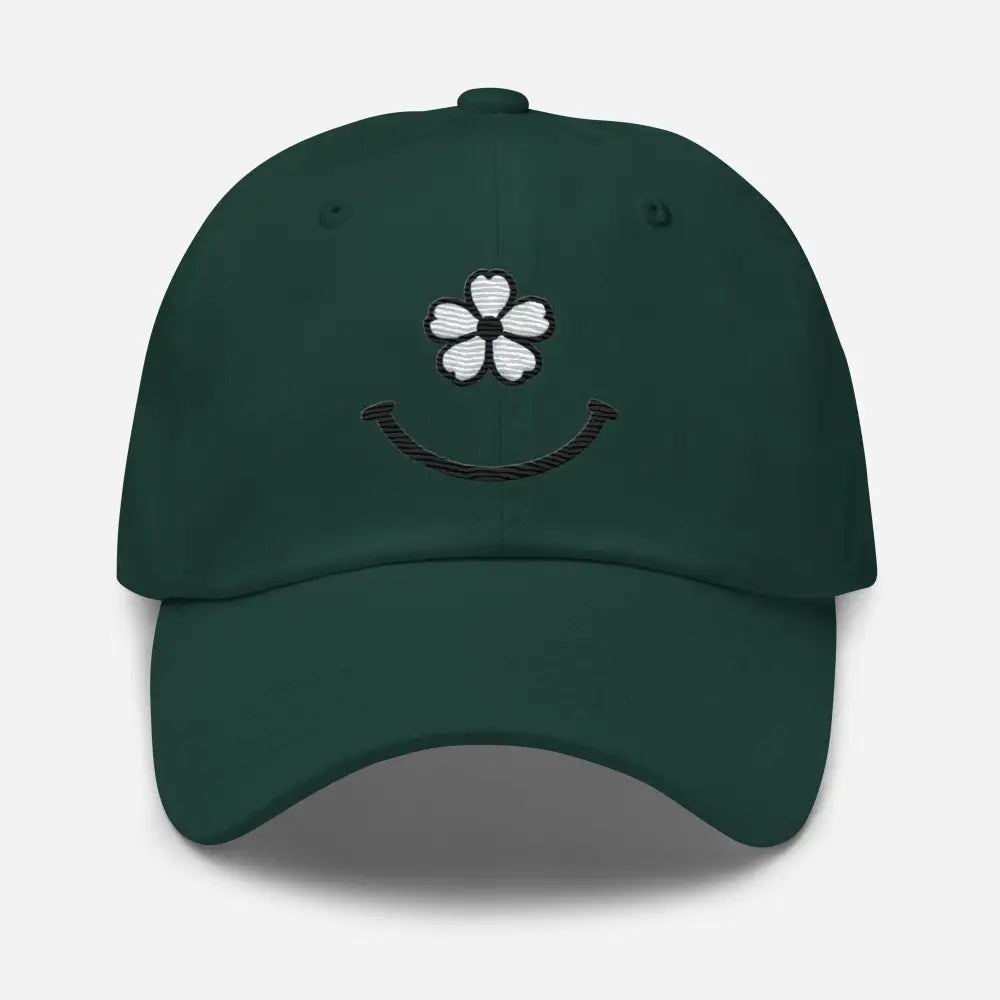 Dark green floral smiley face dad hat with white flower embroidery