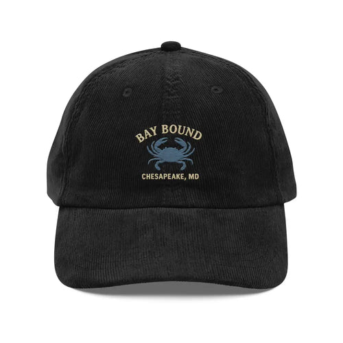 Vintage-style embroidered corduroy cap with black crab and Bay Bound Chesapeake MD design
