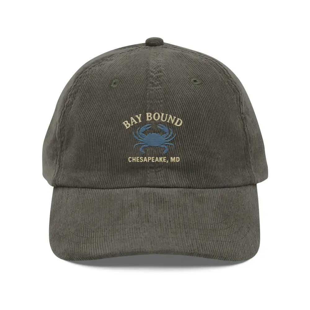 Olive green embroidered corduroy vintage-style cap with blue crab and Bay Bound Chesapeake MD text
