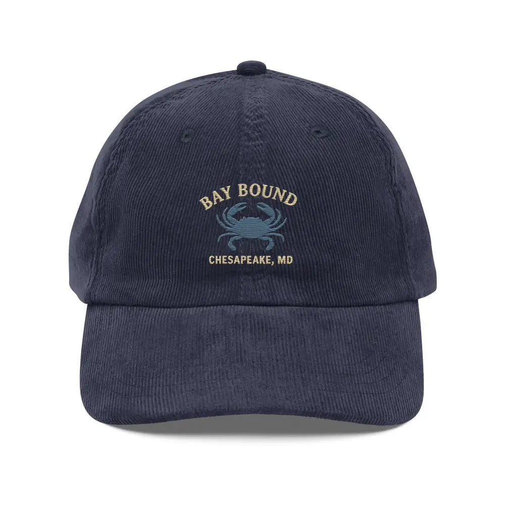 Vintage-style corduroy cap with crab emblem and Bay Bound Chesapeake MD embroidery