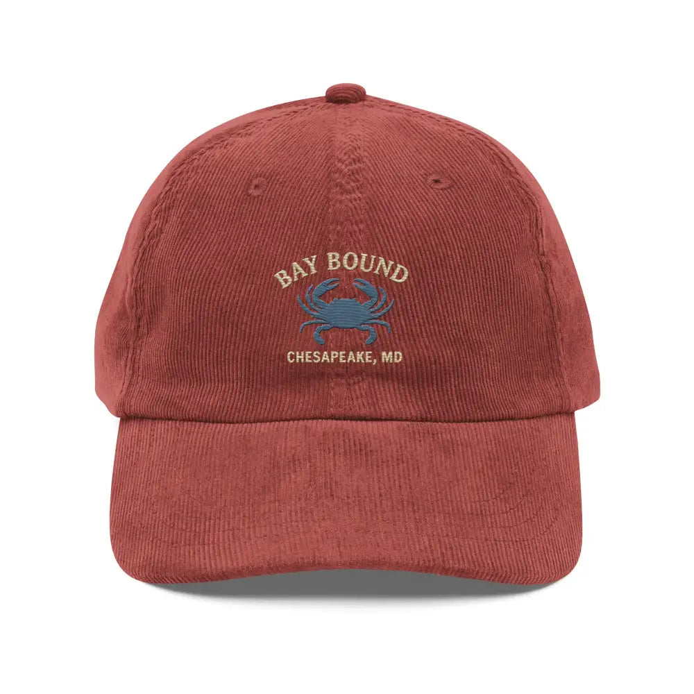 Vintage-style embroidered corduroy cap with blue crab and Bay Bound Chesapeake MD