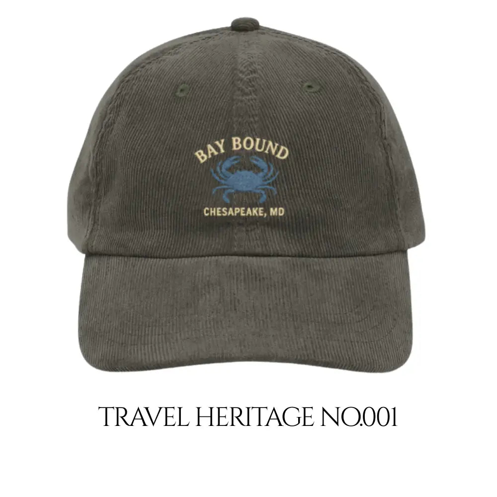Vintage-style embroidered corduroy cap with blue Chesapeake crab