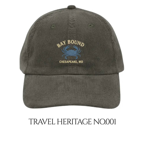 Vintage-style embroidered corduroy cap with blue Chesapeake crab