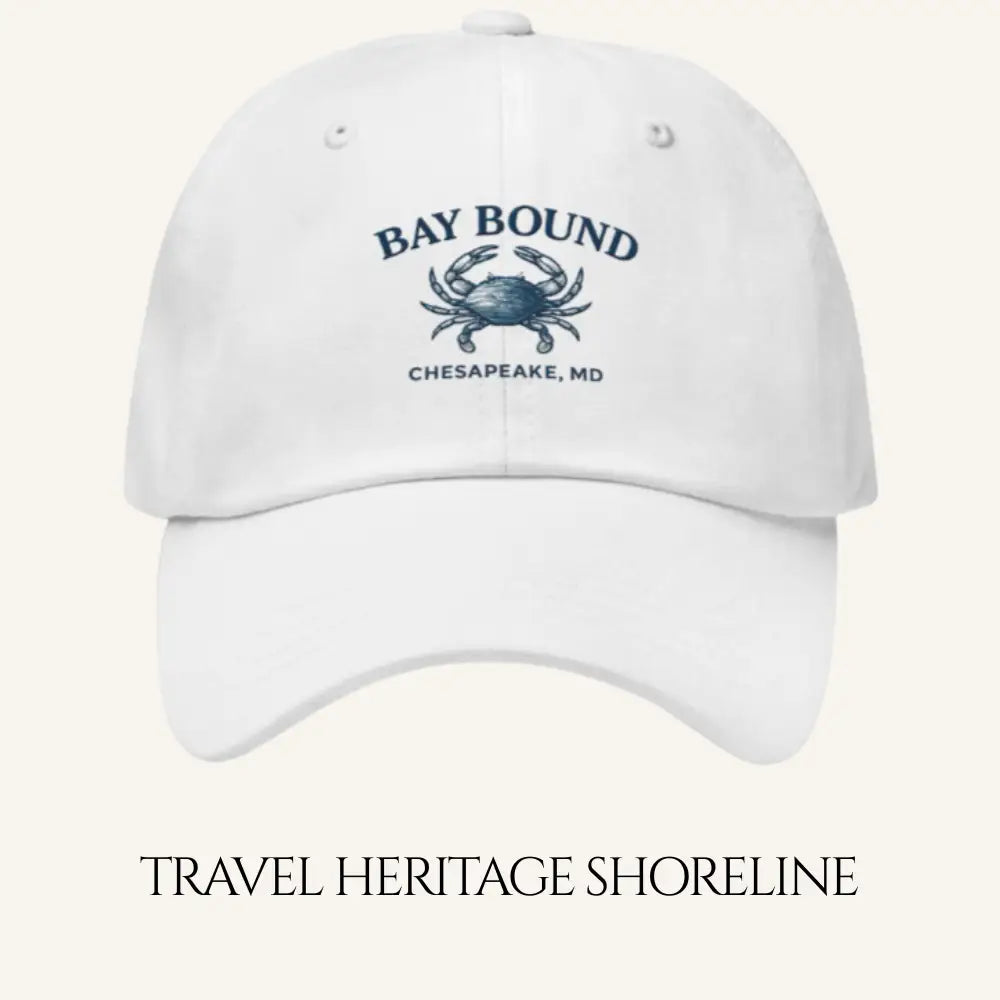 White Yupoong dad hat with blue crab embroidery Chesapeake MD