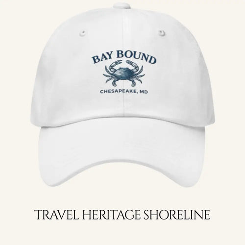 White Yupoong dad hat with blue crab embroidery Chesapeake MD