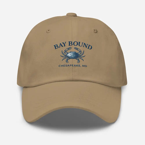 Tan Yupoong dad hat with blue crab embroidery for summer dock mornings