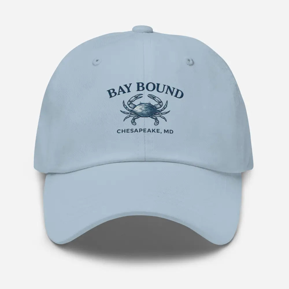 Light blue Yupoong dad hat with embroidered crab graphic