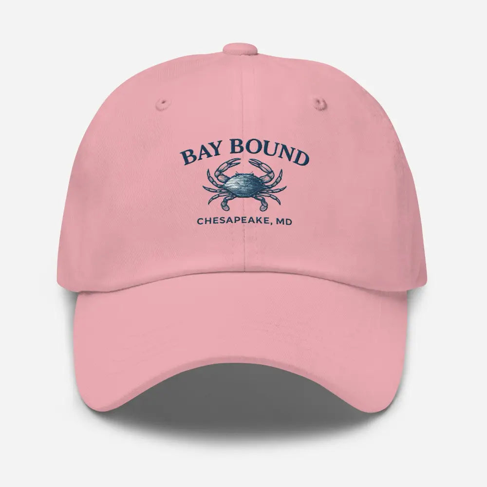 Pink Yupoong dad hat with blue crab embroidery for summer dock mornings