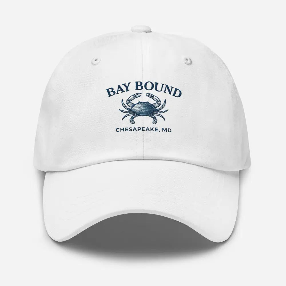 White Yupoong dad hat with blue embroidered crab graphic