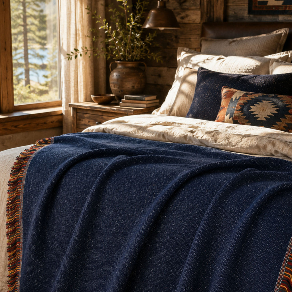 Solid deep navy woven cotton throw blanket folded on a bed in a warm, sunlit bedroom, showing the woven texture and fringe trim — Trini Skies