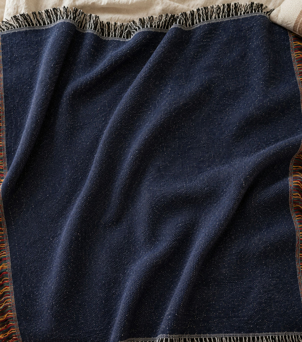 Solid deep navy woven cotton throw blanket, flat lay showing the uniform color, woven texture, multicolor side fringe, and black-and-white top and bottom fringe — Trini Skies