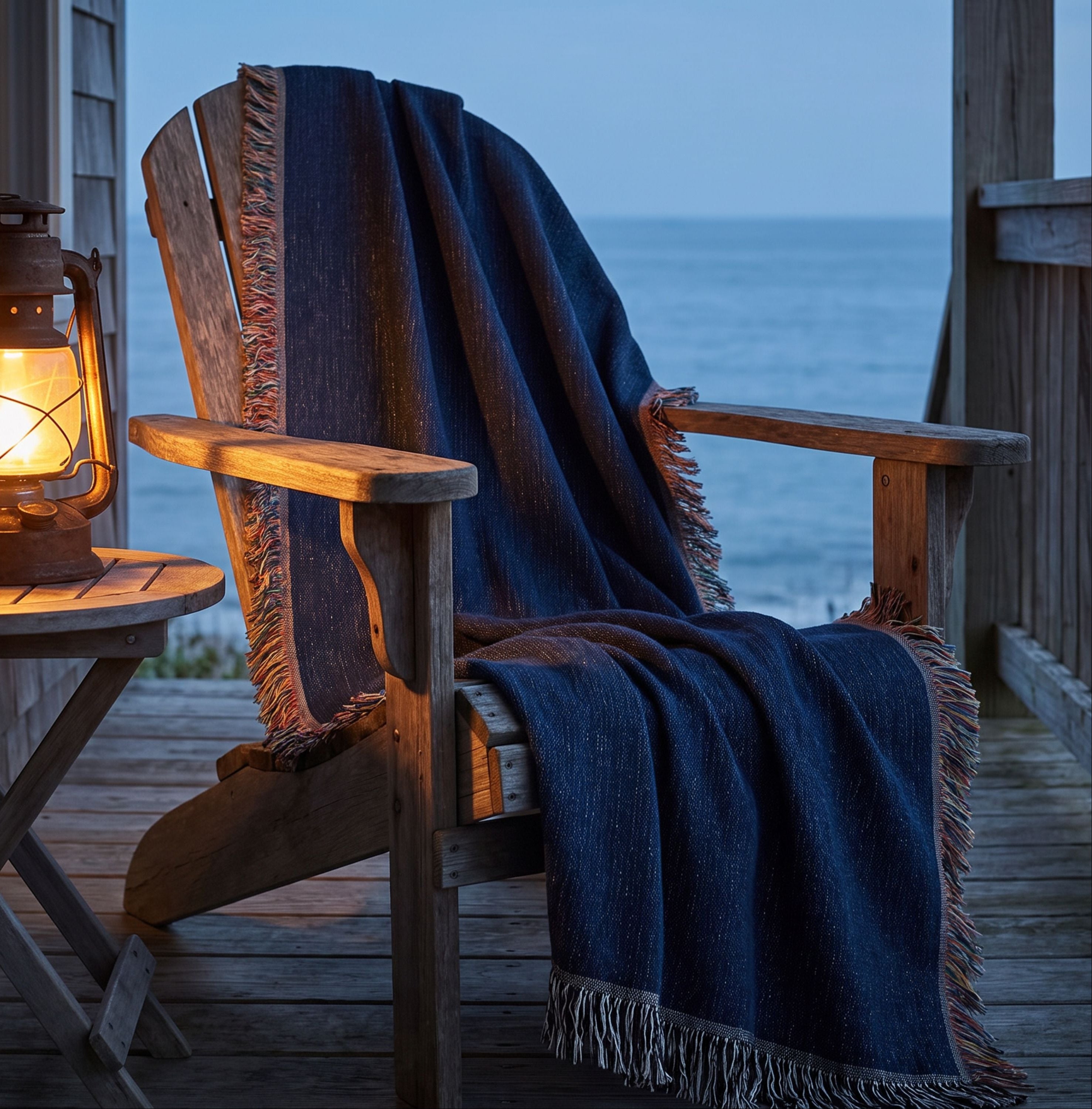 Solid deep navy woven cotton throw blanket draped over a wooden Adirondack chair on a covered porch at blue hour dusk, ocean visible beyond the railing, warm lantern light and multicolor side fringe visible — Trini Skies