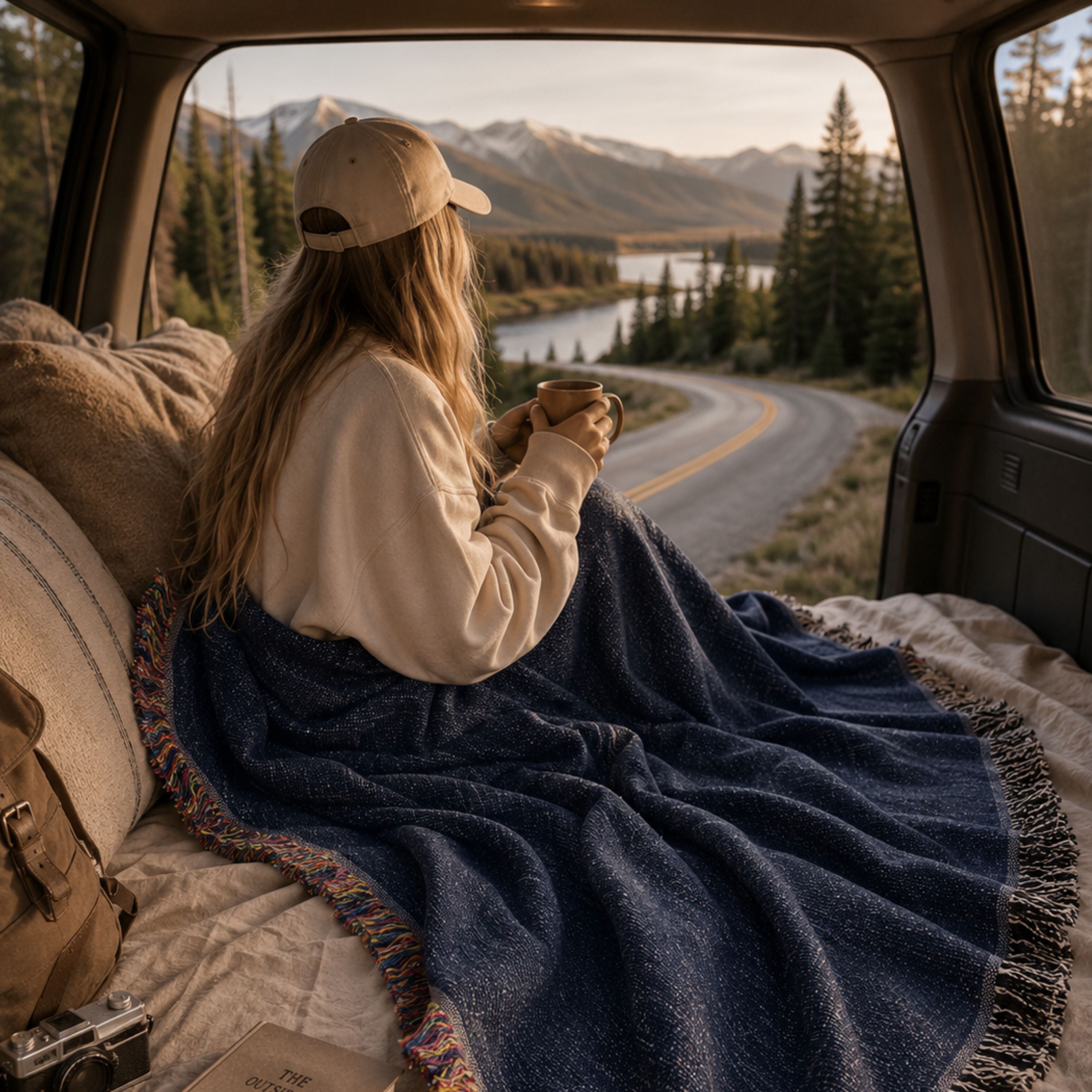 Solid deep navy woven cotton throw blanket used as a travel blanket, draped in the back of a van or car during a road trip — Trini Skies