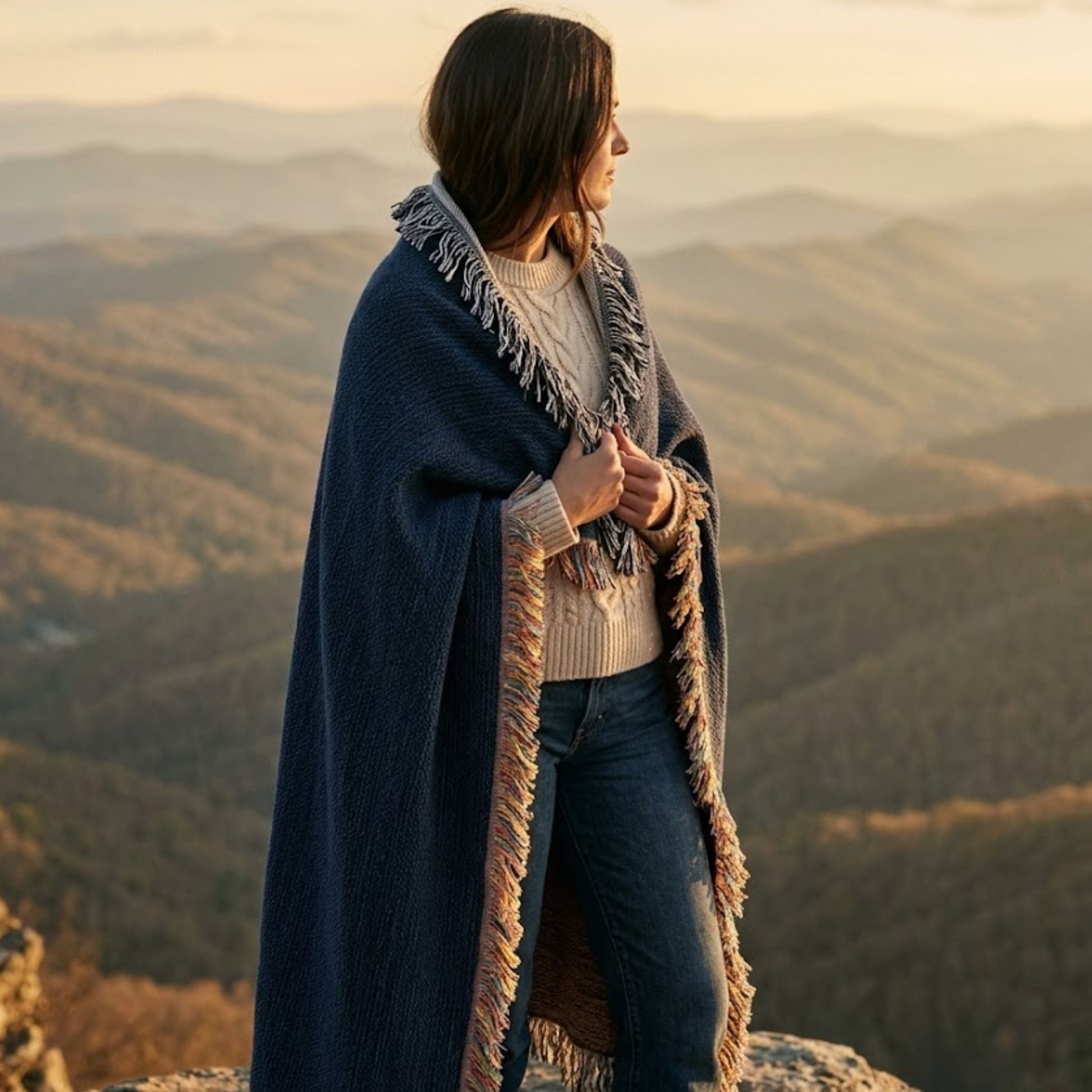 Woman wrapped in a solid deep navy woven cotton throw blanket, seen from behind, overlooking a mountain vista at golden hour — Trini Skies