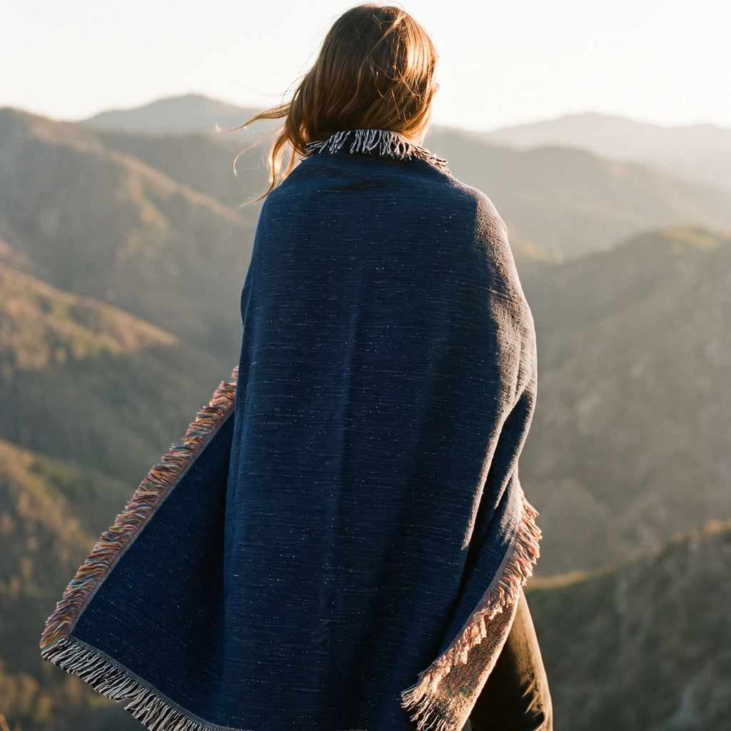 Woman wrapped in a solid deep navy woven cotton throw blanket, showcasing the drape and multicolor fringe detail — Trini Skies