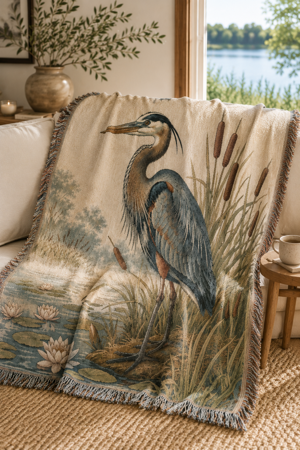 Great blue heron woven tapestry throw blanket draped over white sofa in a lakefront home — wildlife art home decor by Trini Skies