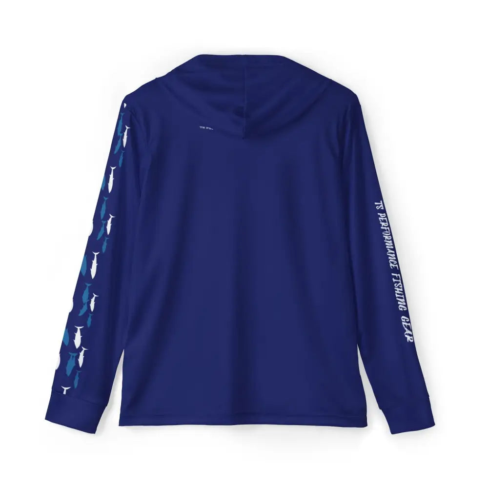 Bluefin Classic performance fishing shirt navy blue hooded with fish graphics