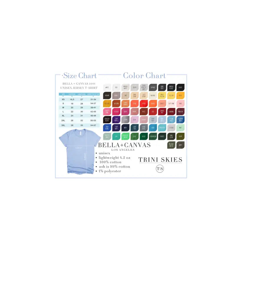Bella + Canvas size color chart for Bluefin Tuna Graphic T-Shirt