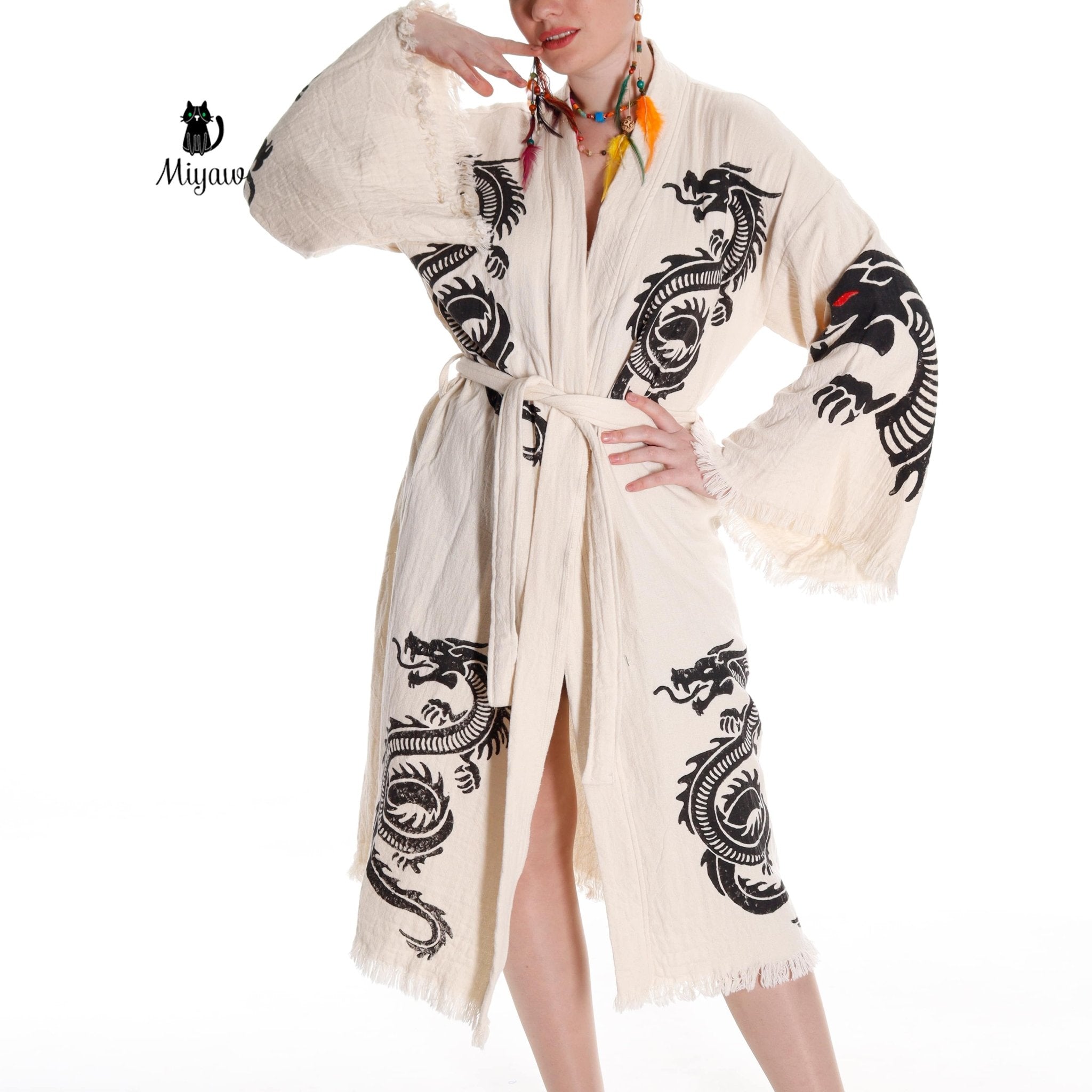 Boho Cotton Kimono Robe – Handcrafted Dragon Sleeve Resort Gown - Triniskies